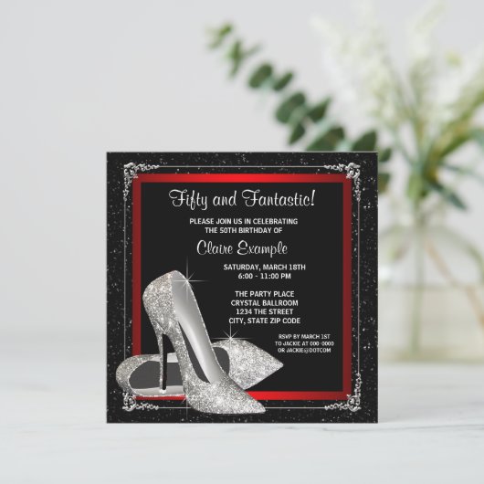 Zwart en rood Glitter High Heel Verjaardagsfeest Kaart (Staand voorkant)