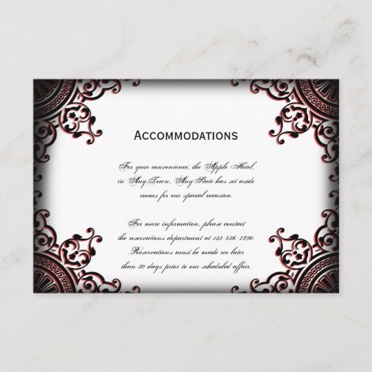 Zwart en Rood Gothic Scroll Bruiloft Accomodaties Informatiekaartje (Voorkant)