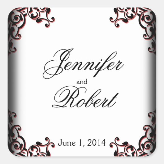 Zwart en Rood Gothic Scroll Bruiloft Envelope Seal Vierkante Sticker (Voorkant)