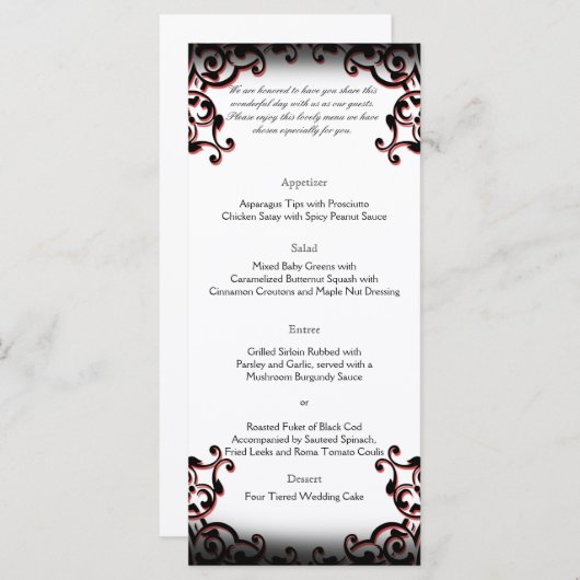 Zwart en Rood Gothic Scroll Bruiloft Menu (Voorkant / Achterkant)