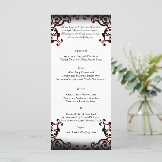 Zwart en Rood Gothic Scroll Bruiloft Menu (Staand voorkant)
