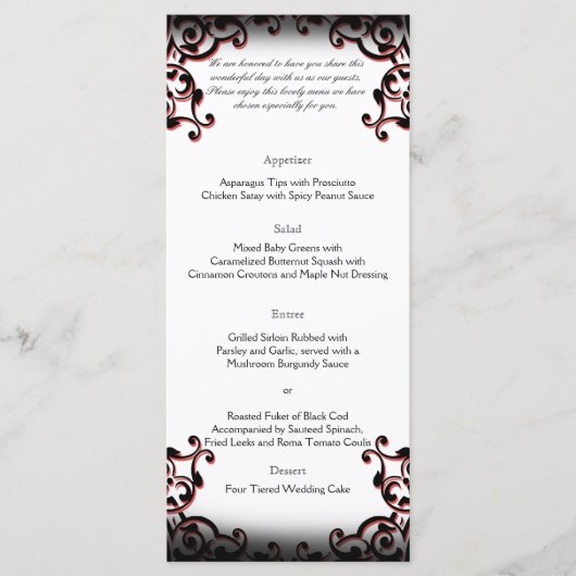Zwart en Rood Gothic Scroll Bruiloft Menu (Voorkant)
