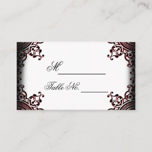 Zwart en Rood Gothic Scroll Bruiloft Plaats Kaart Plaatskaartje (Voorkant)