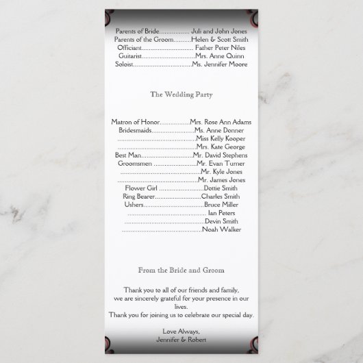 Zwart en Rood Gothic Scroll Bruiloft Programma Programmakaart (Achterkant)
