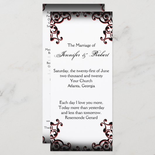 Zwart en Rood Gothic Scroll Bruiloft Programma Programmakaart (Voorkant / Achterkant)