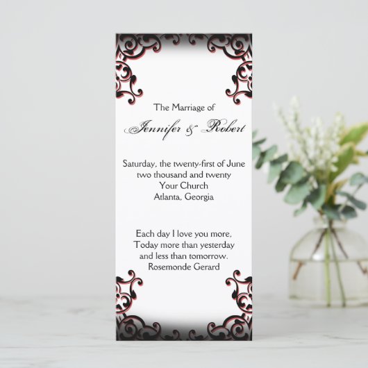 Zwart en Rood Gothic Scroll Bruiloft Programma Programmakaart (Staand voorkant)