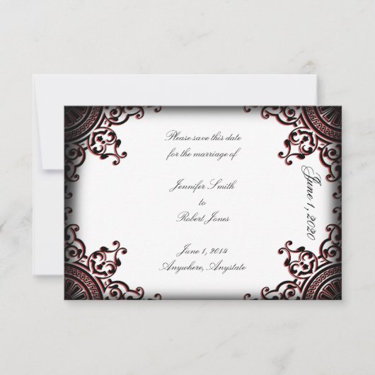 Zwart en Rood Gothic Scroll Bruiloft Save the Date (Voorkant)