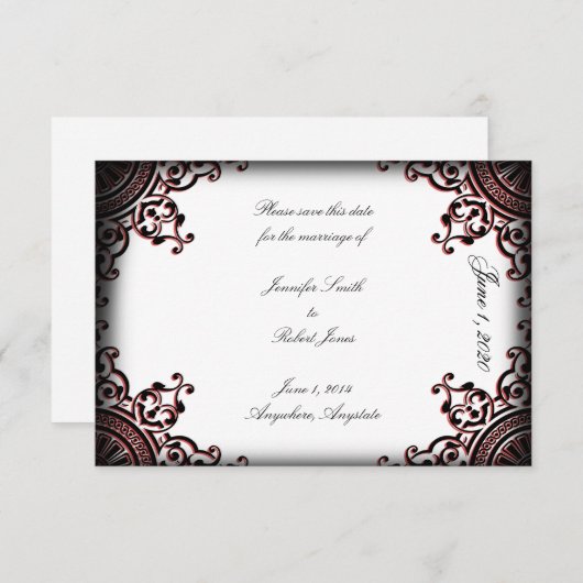 Zwart en Rood Gothic Scroll Bruiloft Save the Date (Voorkant / Achterkant)