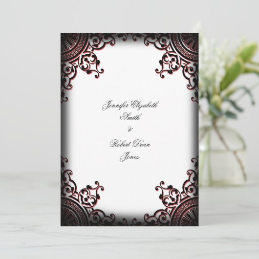 Zwart en Rood Gothic Scroll Bruiloft Uitnodiging (Staand voorkant)