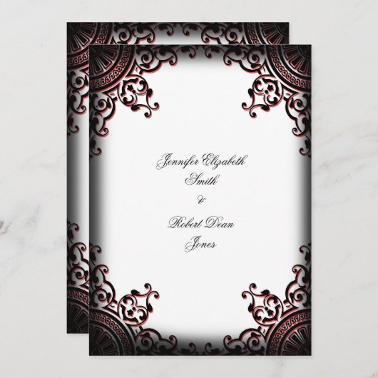 Zwart en Rood Gothic Scroll Bruiloft Uitnodiging (Voorkant / Achterkant)