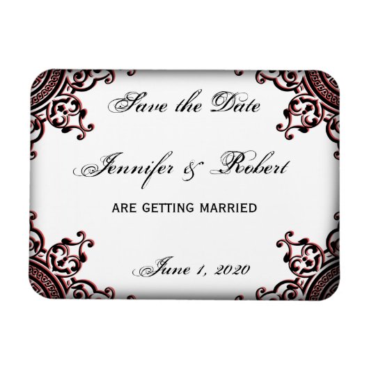 Zwart en Rood Gothic Scroll Save the Date Magneet (Horizontaal)
