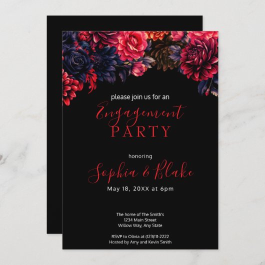 Zwart en rood Gotische Bloemen Dark Engagement Par Kaart (Voorkant / Achterkant)