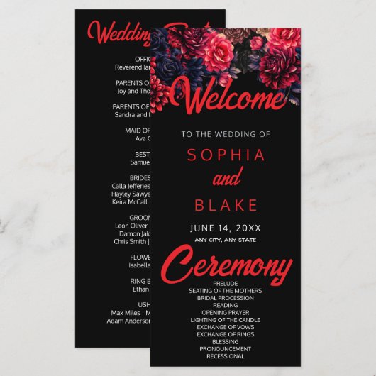 Zwart en rood Gotische Bloemen Dark Wedding Progra (Voorkant / Achterkant)