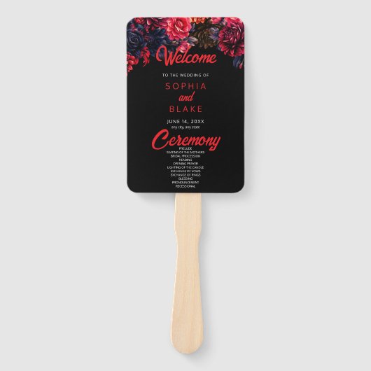 Zwart en rood Gotische Bloemen Dark Wedding Progra Handwaaier (Voorkant)