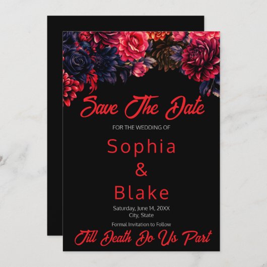 Zwart en rood Gotische Bloemen Donker Save the Dat Kaart (Voorkant / Achterkant)