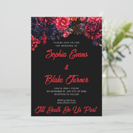 Zwart en rood Gotische Bloemen Donkere bruiloft Kaart (Staand voorkant)