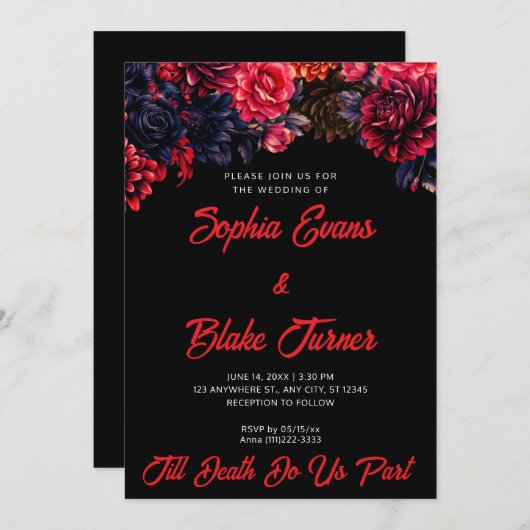 Zwart en rood Gotische Bloemen Donkere bruiloft Kaart (Voorkant / Achterkant)