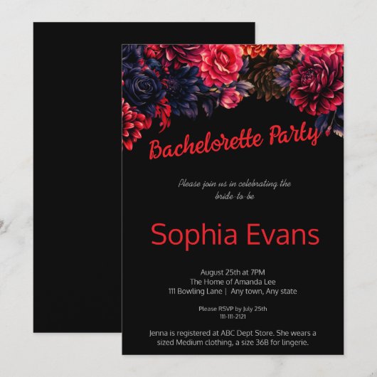 Zwart en rood gotische bloemenvrijgezellenfeest kaart (Voorkant / Achterkant)