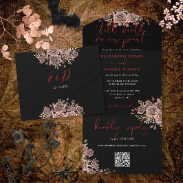 Zwart en rood Gotische Rozen QR Code Huwelijk All In One Uitnodiging