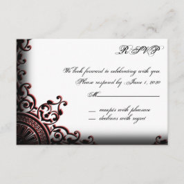 Zwart en rood gotische scroll responskaart RSVP kaartje