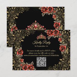 Zwart en rood gouden tiara rozen Quinceañera RSVP Kaartje