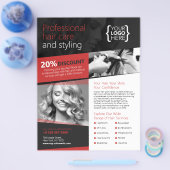 Zwart en Rood Haar Salon, Kapper Flyer (Enkel)
