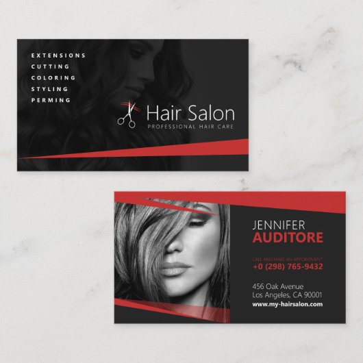 Zwart en Rood Haar Salon, Kapper, Haarstylist Visitekaartje (Voorkant / Achterkant)