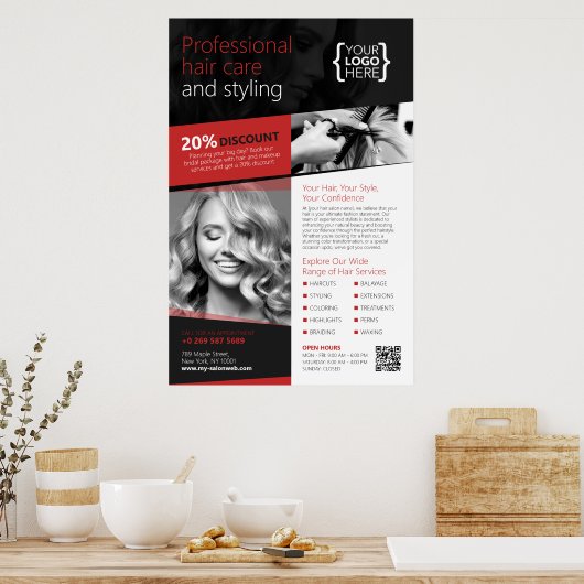 Zwart en Rood Haar Salon, Kapper Poster (Keuken)