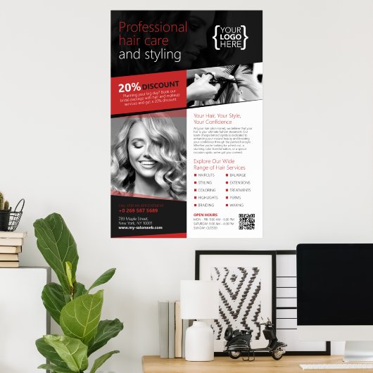 Zwart en Rood Haar Salon, Kapper Poster (Thuiskantoor)