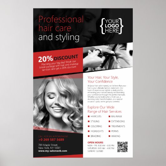 Zwart en Rood Haar Salon, Kapper Poster (Voorkant)