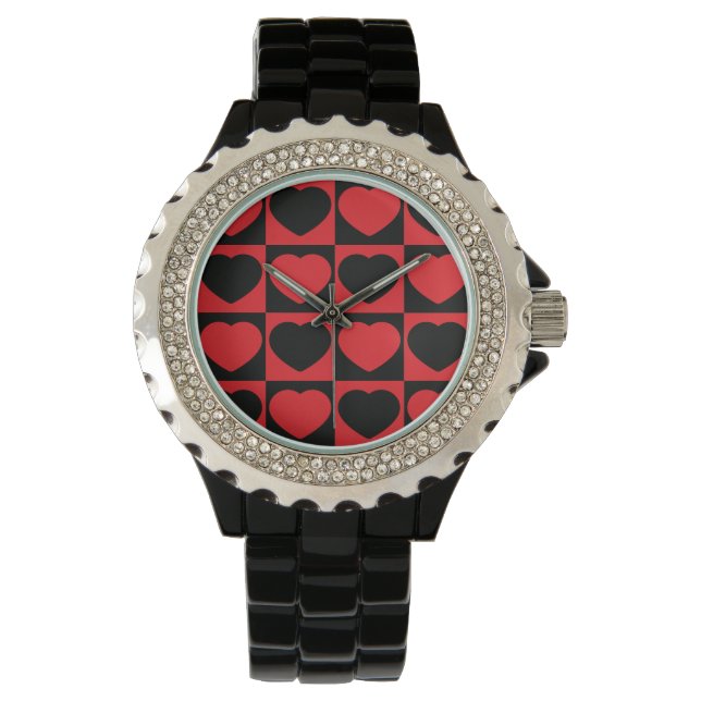 zwart en rood harten poetshorloge horloge (Voorkant)