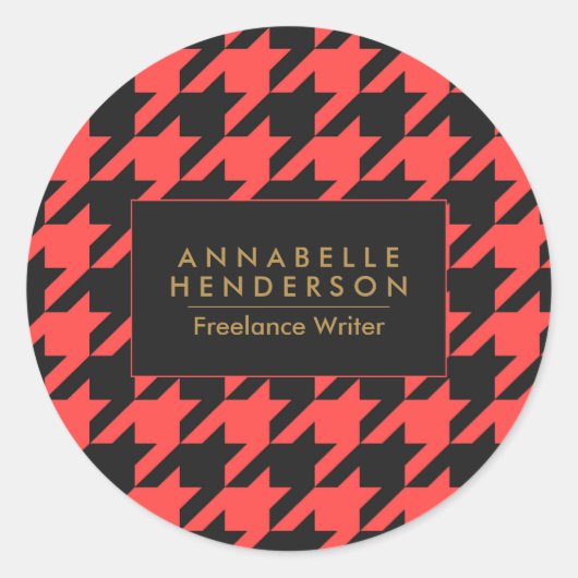 Zwart en Rood Houndstooth Ronde Sticker (Voorkant)
