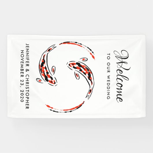 Zwart en rood Japans Koi Vissen Kunsthuwelijk Spandoek (Horizontaal)