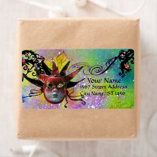 ZWART EN ROOD JESTERMASKER, Masquerade Party Paars Etiket (Insitu)