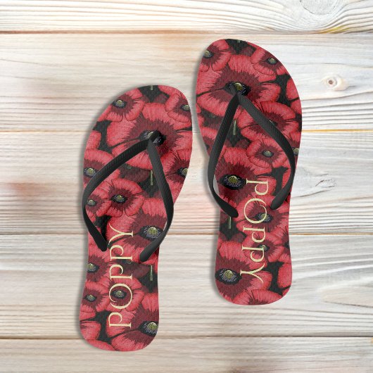 Zwart en rood klaproos bloemen bloem vrouwen teenslippers