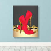 Zwart en Rood Leopard High Heel Shoes Boutique Canvas Afdruk (Insitu (Houten vloer))