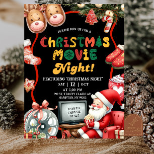 Zwart en rood leuk retro kerst filmnacht kaart