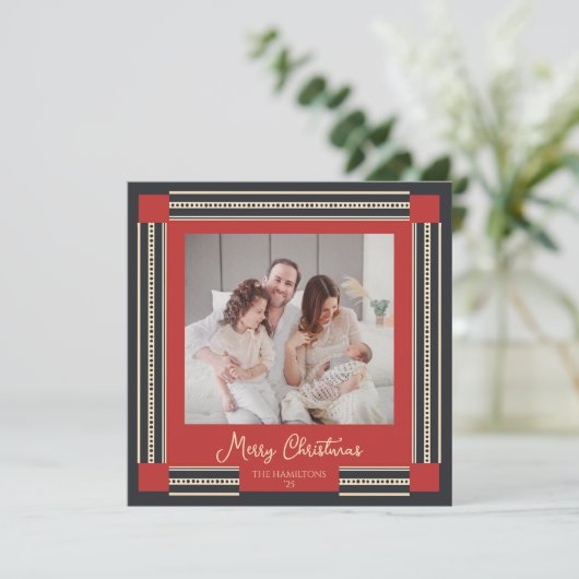 Zwart en rood lint grens kerst Kaart (Staand voorkant)