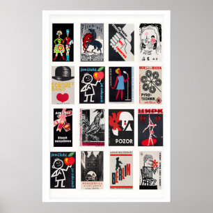 Zwart en rood luciferdoosje labelcollage, vintage poster