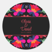 Zwart en Rood Mexicaans Bloemen Fiesta Bruiloft Ronde Sticker (Voorkant)