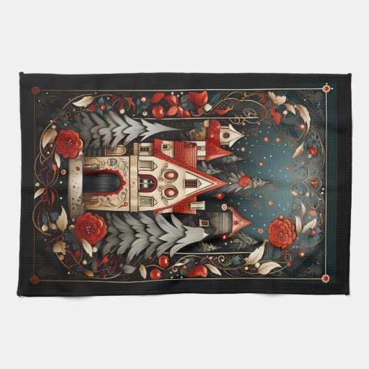 Zwart en Rood Moderne Abstracte Kerst Design Theedoek (Horizontaal)