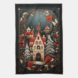 Zwart en Rood Moderne Abstracte Kerst Design Theedoek