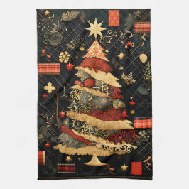 Zwart en Rood Moderne Abstracte Kerstboom Theedoek