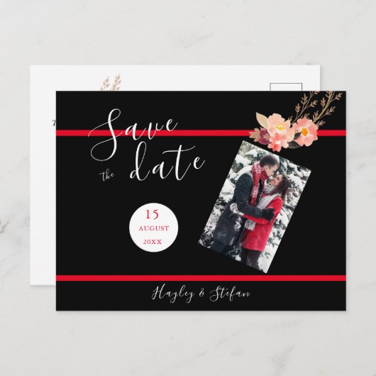Zwart en rood moderne bruiloft Bewaar de datum fot Uitnodiging Briefkaart (Voorkant / Achterkant)