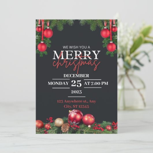 Zwart en Rood Moderne Uitnodiging van het Kerstmis (Staand voorkant)