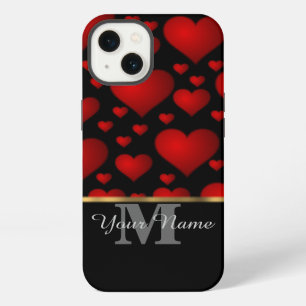 Zwart en rood monogram liefdeshartpatroon iPhone 13 hoesje