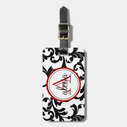 Zwart en rood, monogrammed, Damask Print Bagagelabel (Voorkant verticaal)
