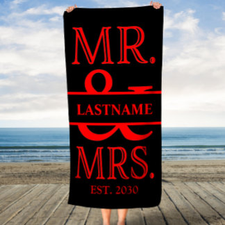 Zwart en rood Mr. Mevr. gepersonaliseerd Strandlaken