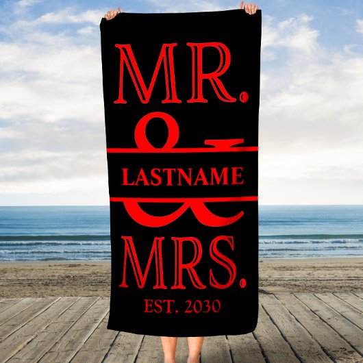 Zwart en rood Mr. Mevr. gepersonaliseerd Strandlaken