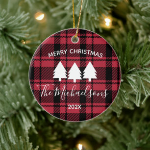 Zwart en Rood Plaid met Monogram Naam Foto Keramisch Ornament